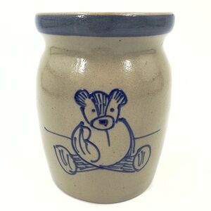 Beaumont Bros Pottery BBP Blue Teddy Bear Crock Vase Jar Salt Glazed 1997 Vtg
